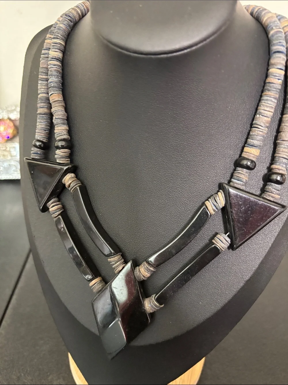 Vintage Handcrafted Resin Coconut Black Geometric Statement Necklace